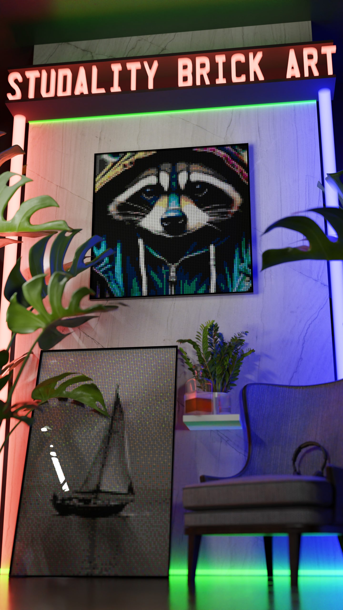 Raccoonaissance LEGO® Style mosaic wall art made from colorful plastic bricks